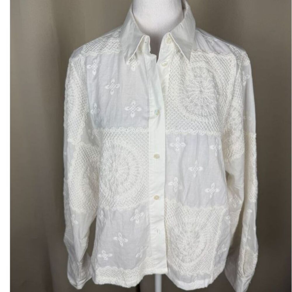 Desigual White Embroidered Button Down Shirt Boho Lace Size L